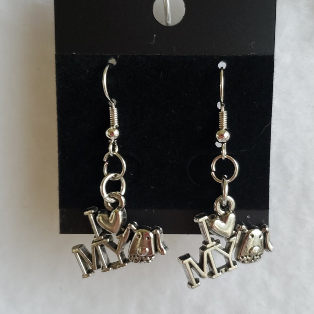 Womens I love my dog silver hook earrings